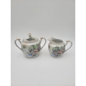 Vintage Manna Kutani Japan Creamer and Sugar Set Mt fuji boat scene gold trim